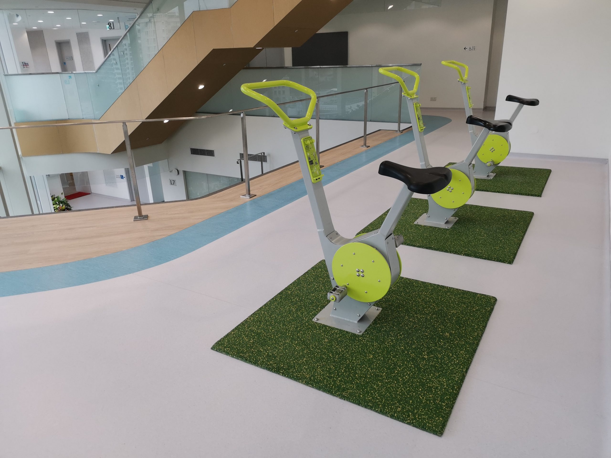 To promote green and healthy living style, energy bikes are installed in the campus building.