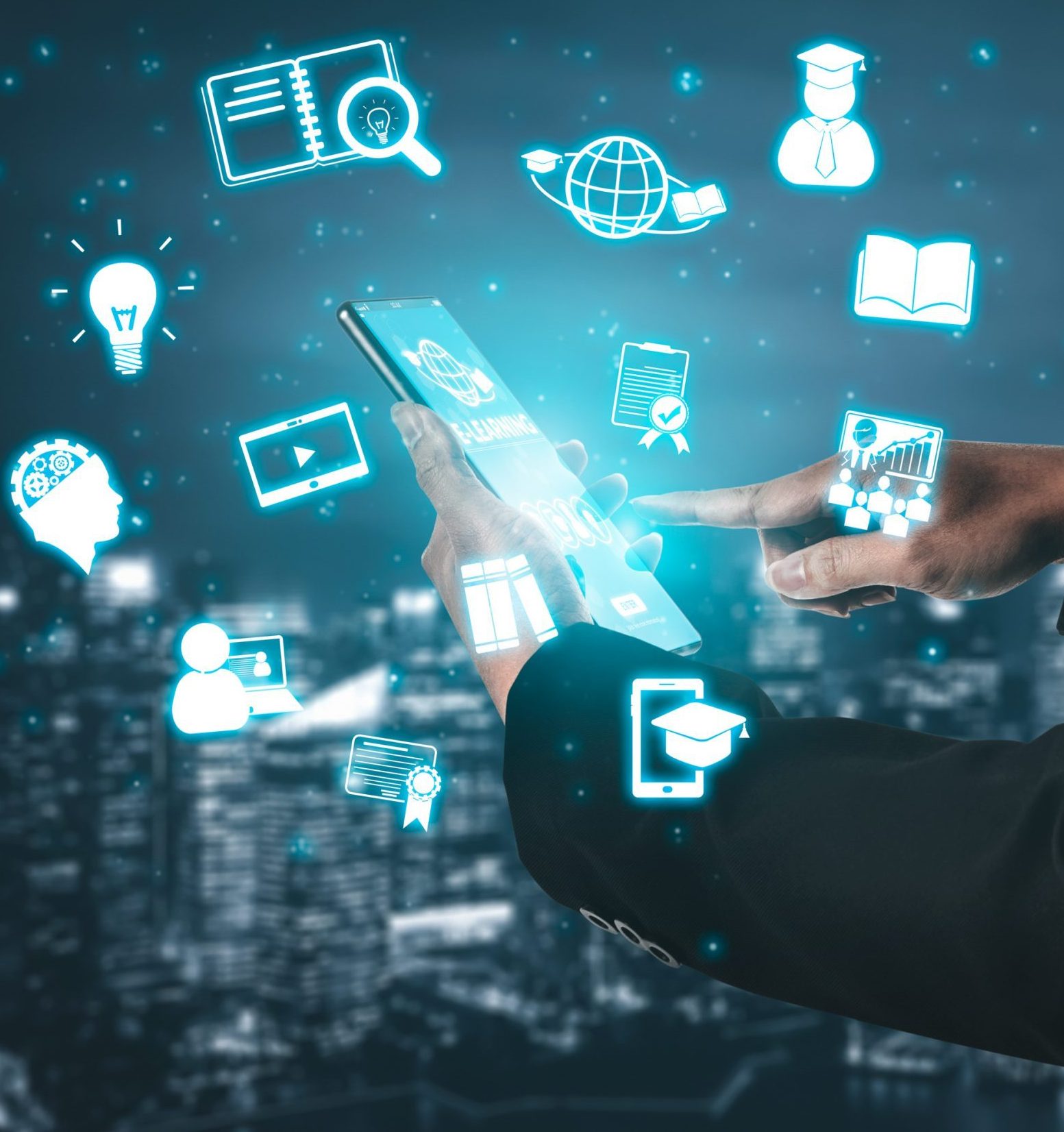 E-learning and Online Education for Student and University Concept. Graphic interface showing technology of digital training course for people to do remote learning from anywhere.